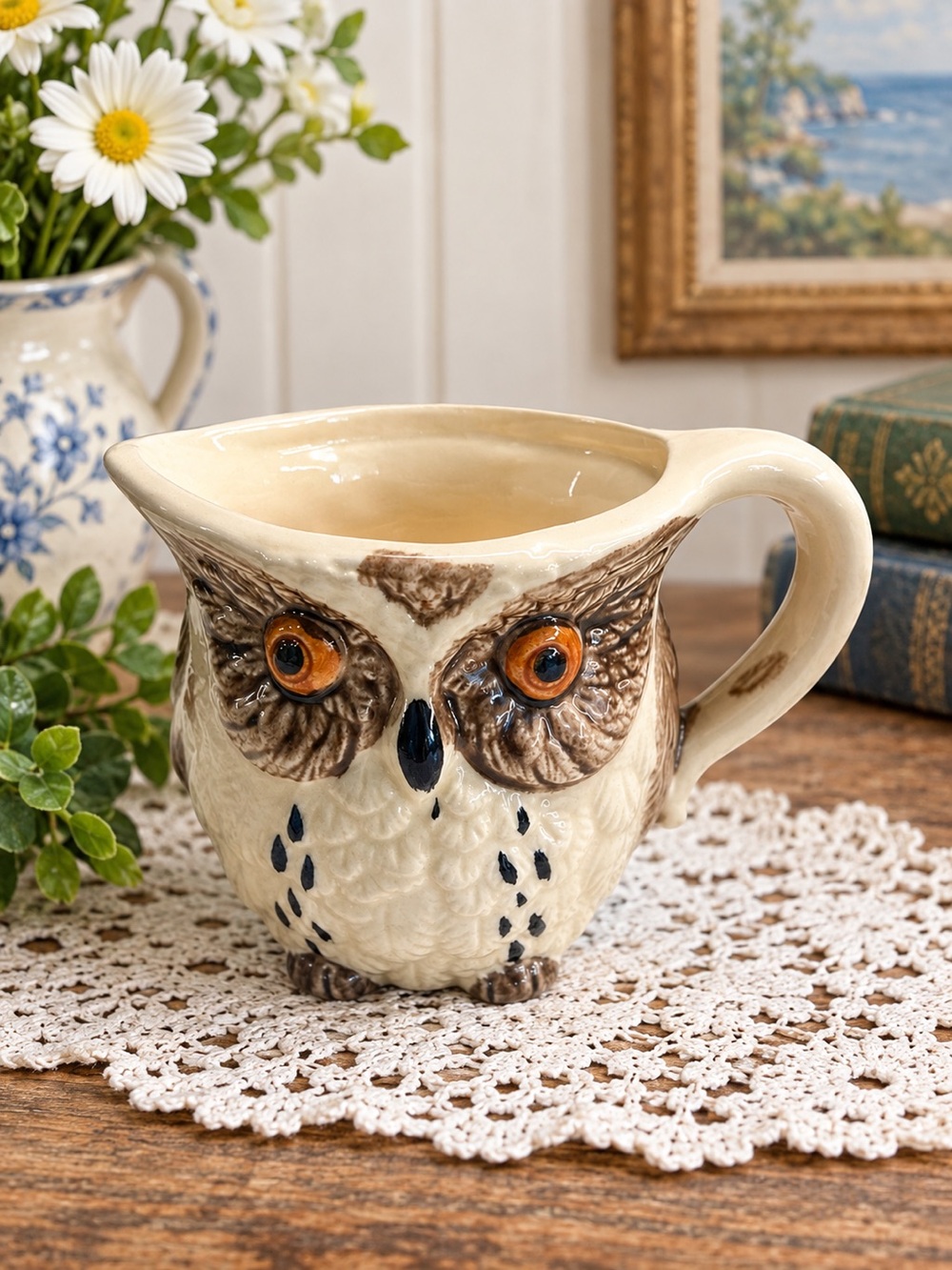 Vintage Enesco Hand Painted Owl Ceramic Creamer Made In Japan 1982 Cream & Brown